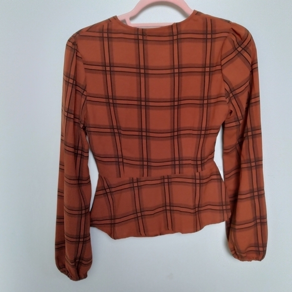 Nasty Gal Orange and Black Plaid Peplum Hem Wrap Blouse Size 2 - Picture 2 of 6